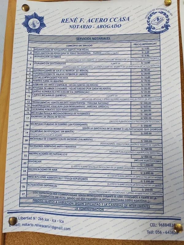 Atención notarial en NOTARÍA RENE F. ACERO CCASA